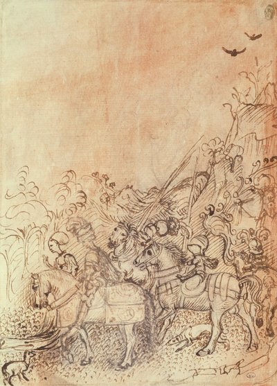 John of Gonzague and his courtiers in a mountainous landscape, from the Vallardi Album by Antonio Pisanello